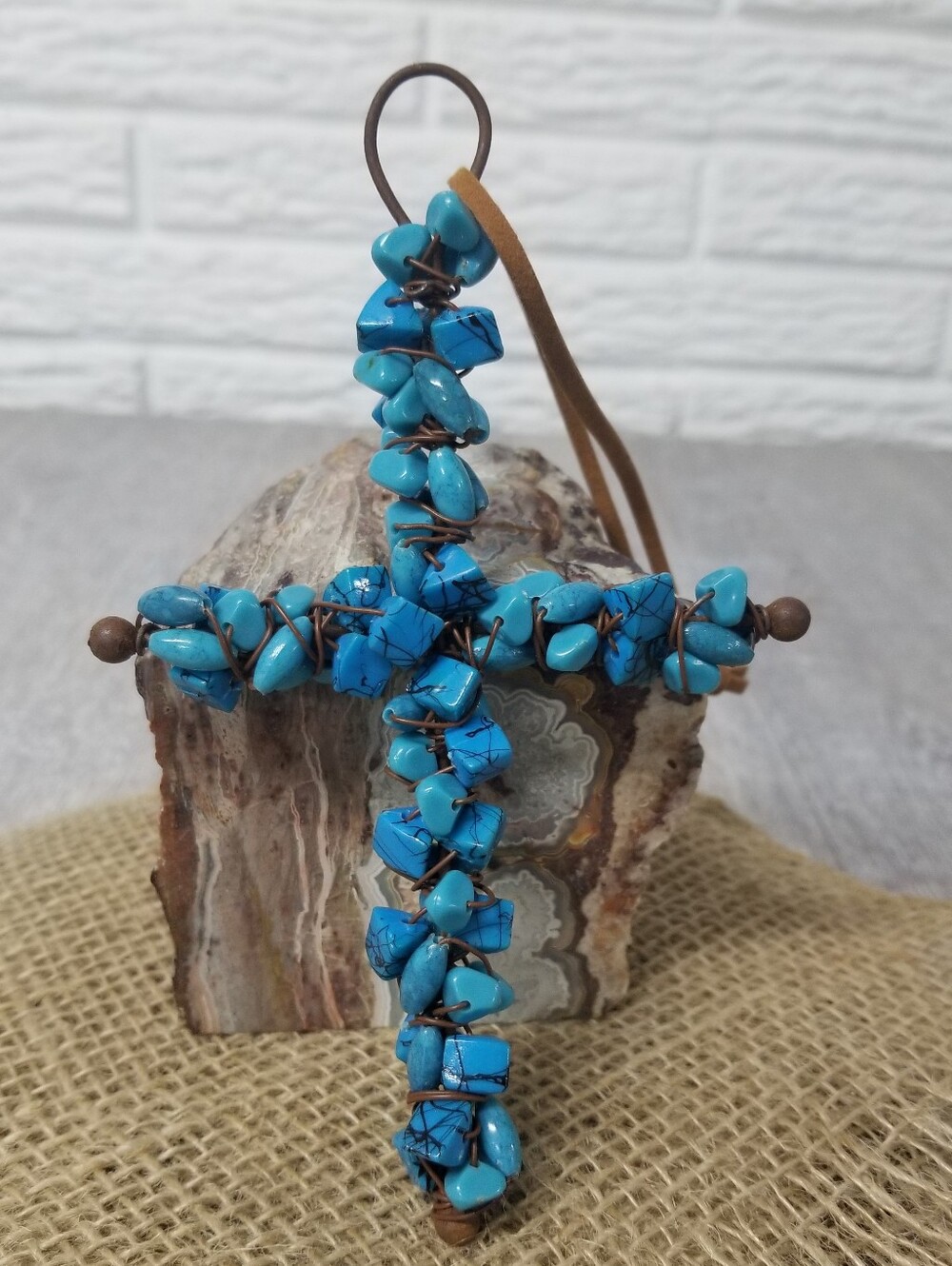 Wire Wrapped Turquoise Chips Cross Ornament